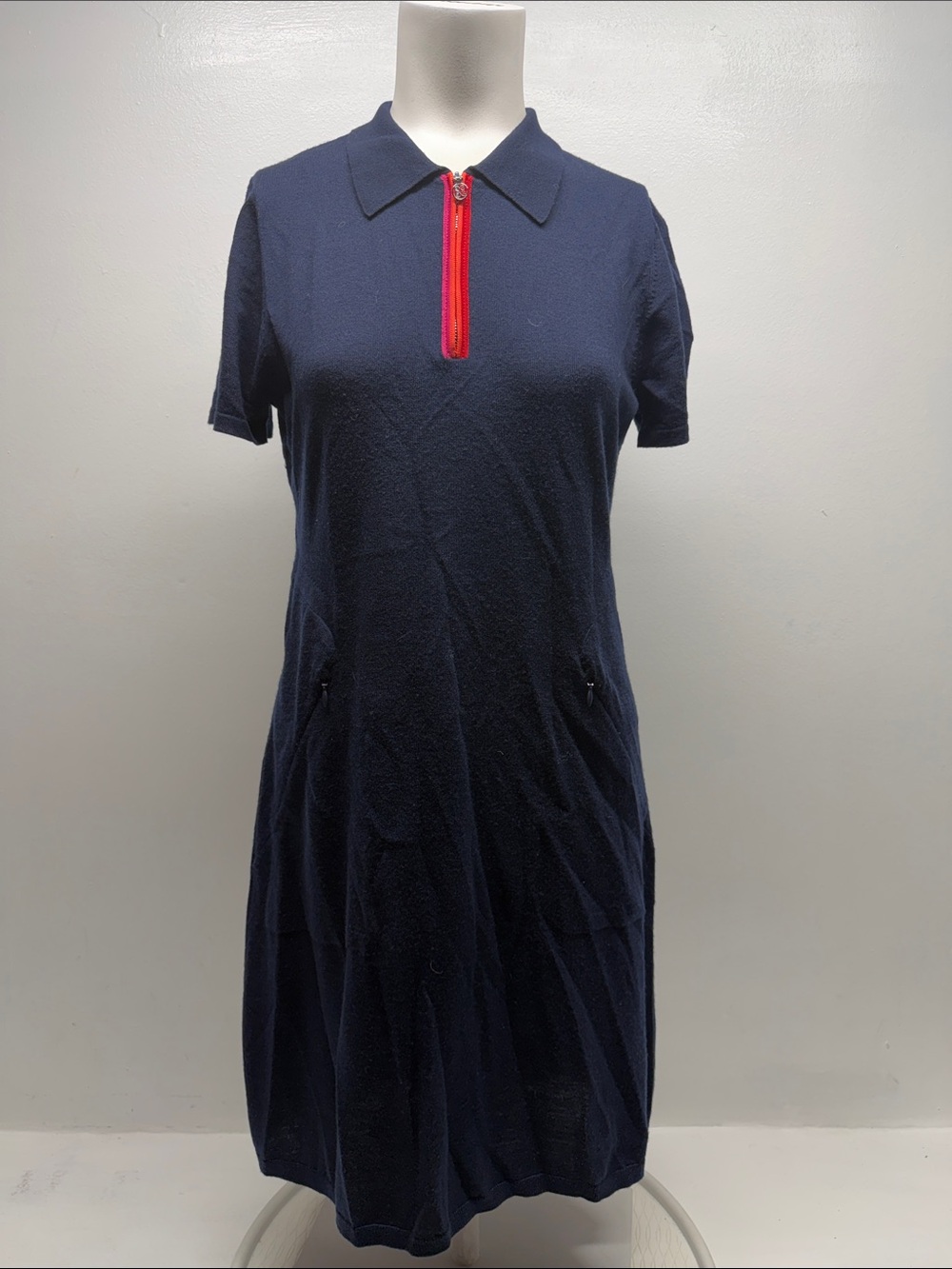 G/Fore Quarter Zip Polo Sweater Dress Mini Wool Knit Short Sleeve Blue Medium